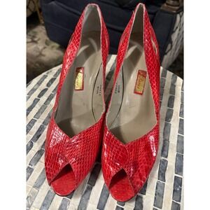 Vintage G Renzi Red Snake Print Peep Toe Heels 8.5N‎